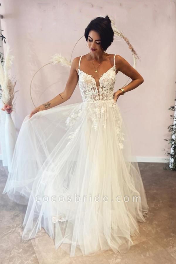 Long A-line Deep V-neck Tulle Spaghetti Straps Lace Backless Wedding Dress