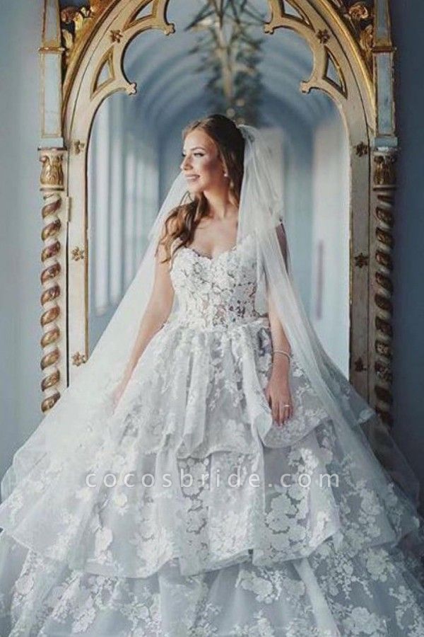 Modest Long Ball Gowns Sweetheart Tulle Lace Wedding Dress