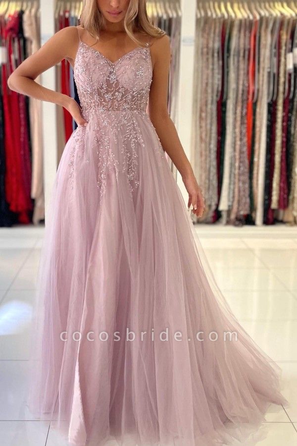 Luxury Long A-line V-neck Tulle Glitter Dusty Pink Prom Dress with Slit