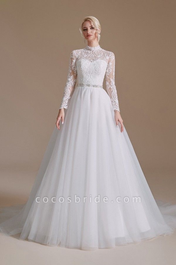 Modest A-line High Neck Long Sleeves Tulle Lace Wedding Dresses