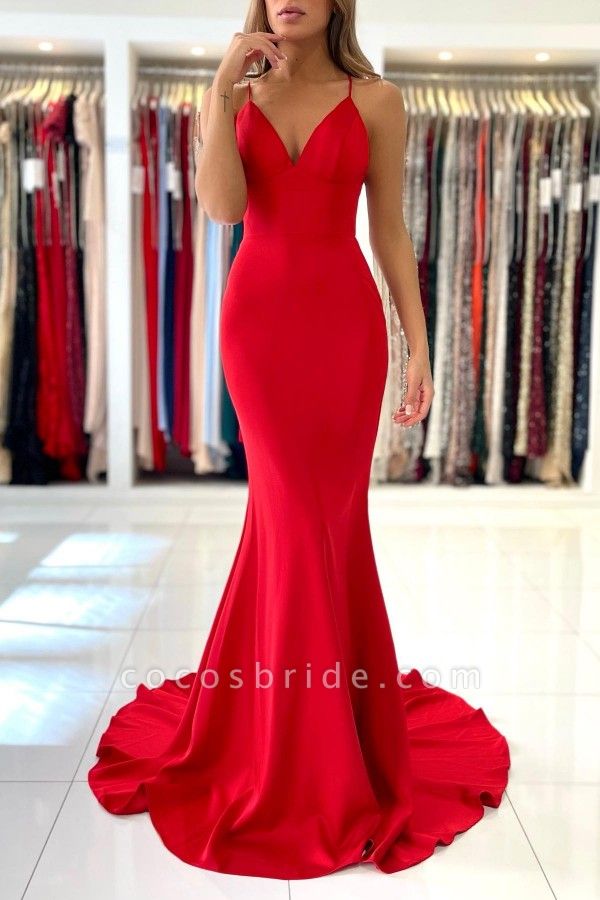 Simple Long Mermaid V-neck Open Back Spaghetti Straps Prom Dresses