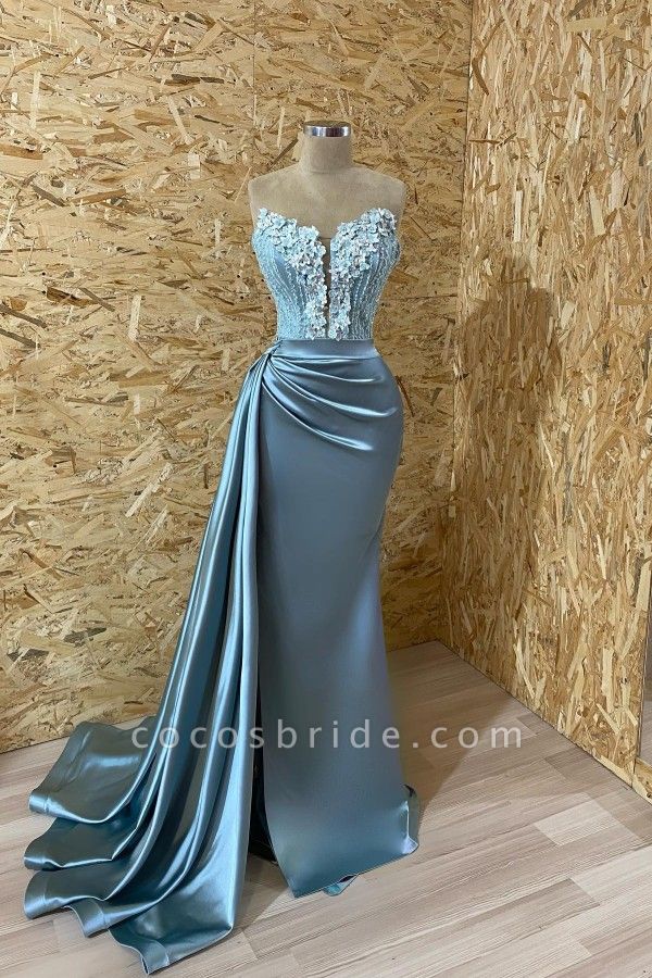 Unique Long Mermaid Sweetheart Stretch Satin Prom Dress with Appliques