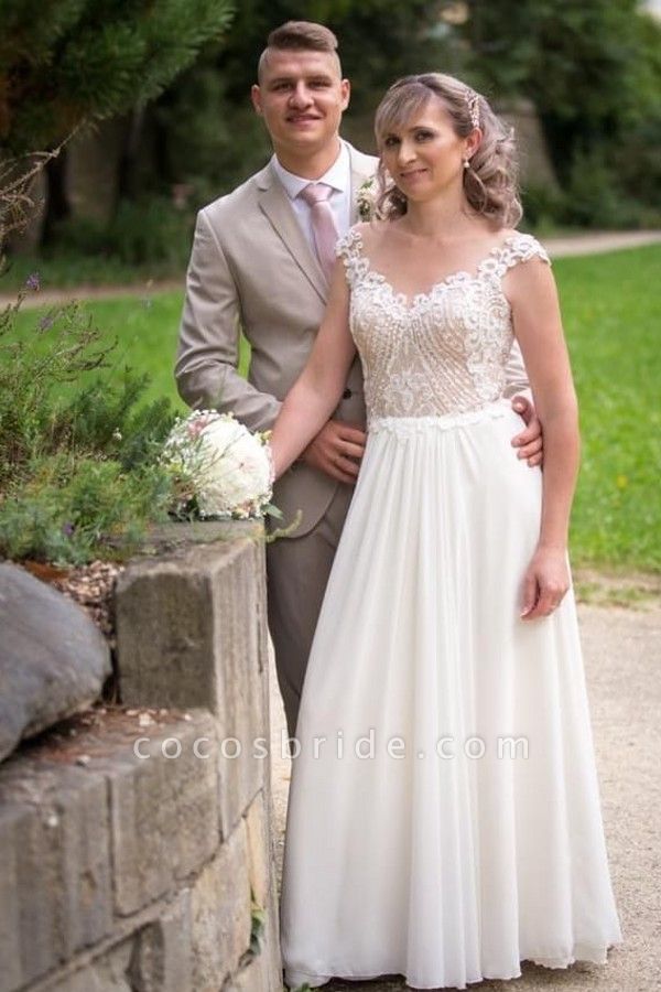 Einfaches, langes, bodenlanges Chiffon-Hochzeitskleid in A-Linie mit Spitzenapplikationen