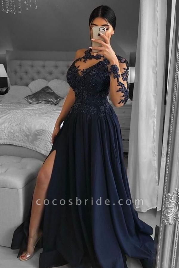 Long A-line Chiffon Front Slit Lace Prom Dress with Sleeves
