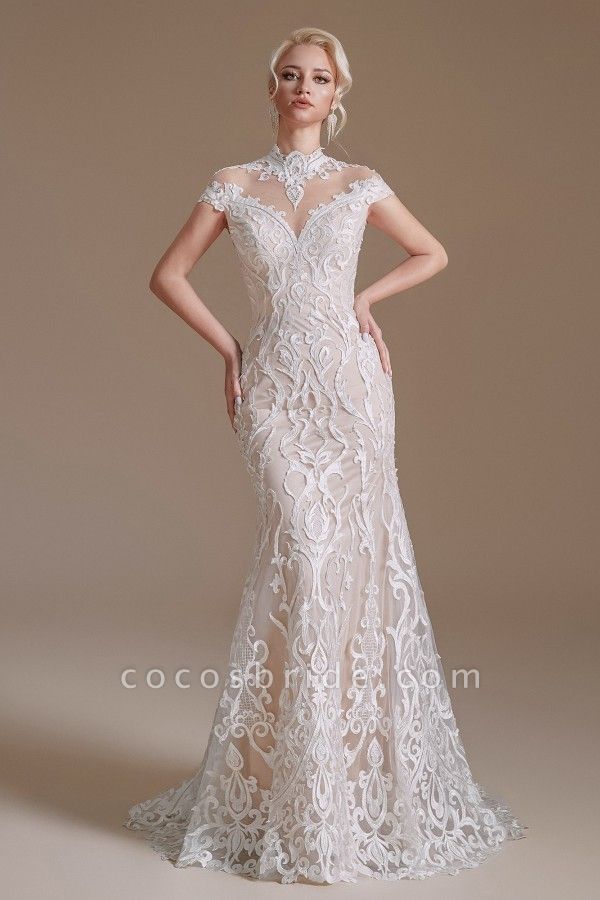 Vintage Long Mermaid High-neck Lace Wedding Dress with sleeves