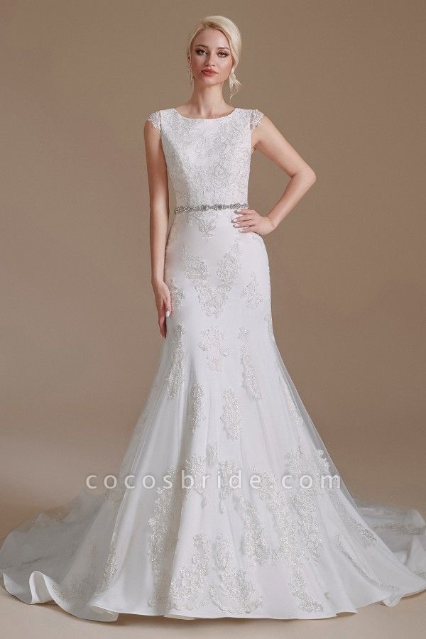 Gorgeous Long Mermaid Jewel Tulle Lace Wedding Dress