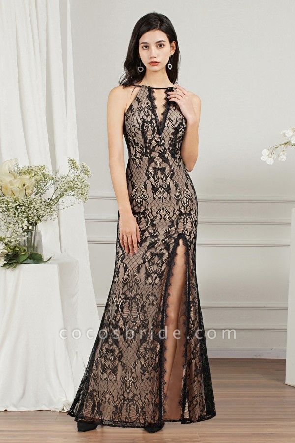 Gorgeous Long Mermaid Halter Lace Formal Dress with Slit