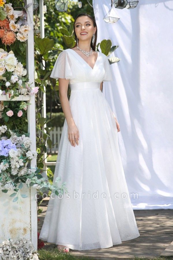 Lange Chiffon-Hochzeitskleider in A-Linie mit V-Ausschnitt und Ärmeln