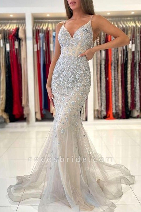 Unique Long Mermaid V-neck Lace Appliques Tulle Backless Prom Dress