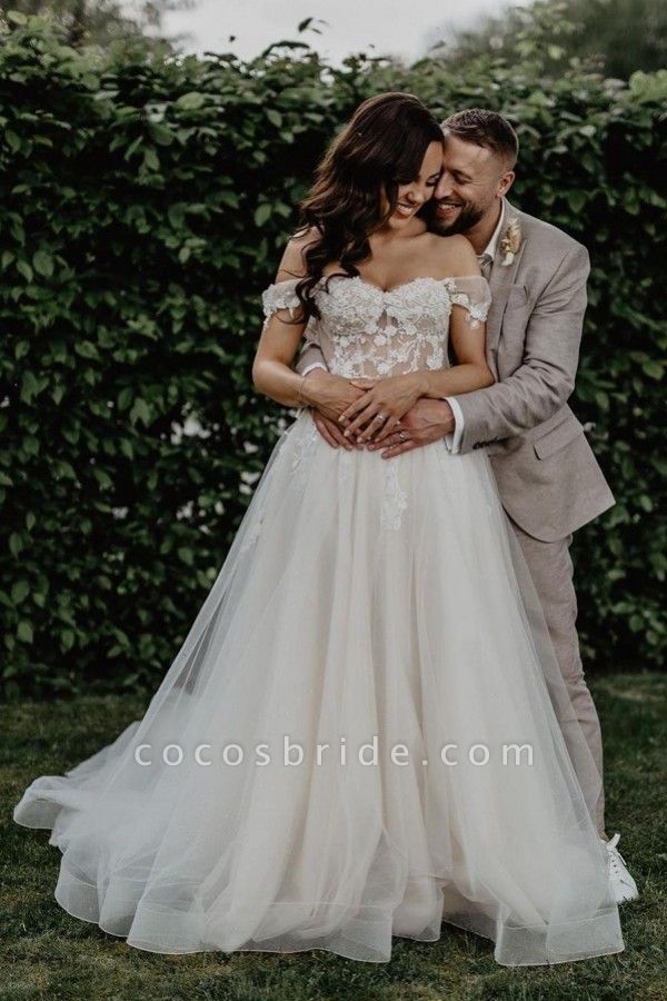 Gorgeous Long A-line Off the Shoulder Floral Lace Tulle Wedding Dresses