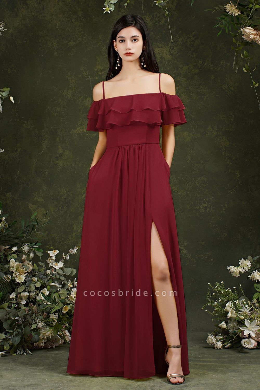 Vintage Off-the-shoulder Spaghetti Straps Backless A-line Split Chiffon Bridesmaid Dress With Pockets