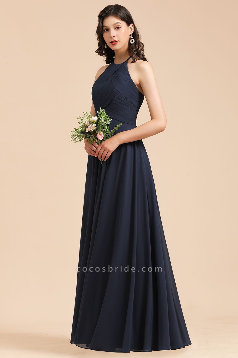 Long A-line Halter Chiffon Bridesmaid Dress Dark Navy Evening Maxi Dress