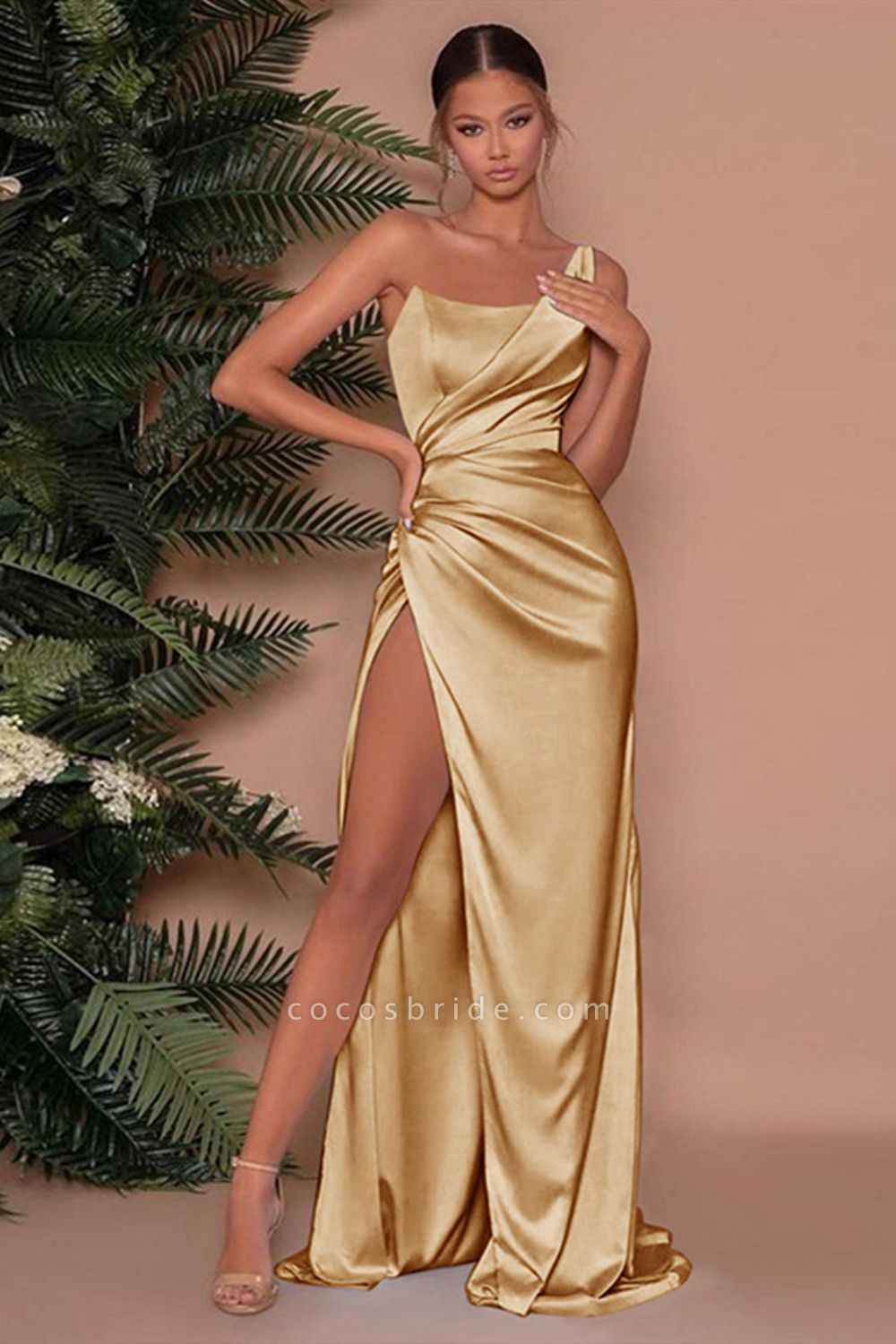 Elegant Long Mermaid One Shoulder Satin Prom Dress with Slit