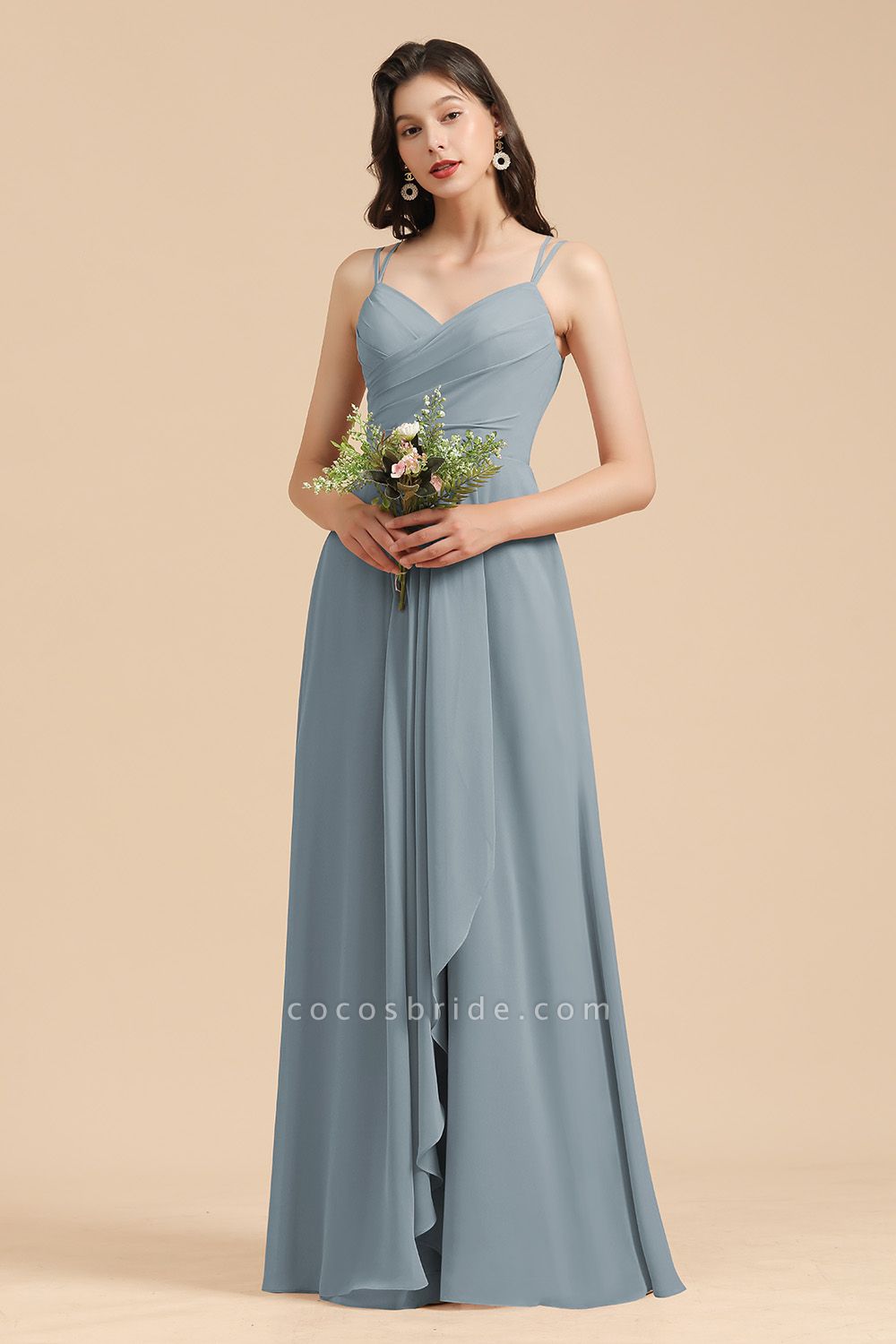 Long A-line V-Neck Chiffon Bridesmaid Dress Dusty Blue Wedding Guest Dress