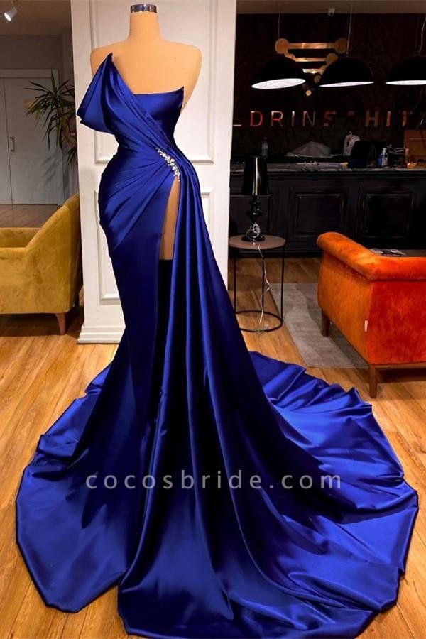 Royal Blue Long Mermaid One Shoulder Satin Prom Dress with Slit