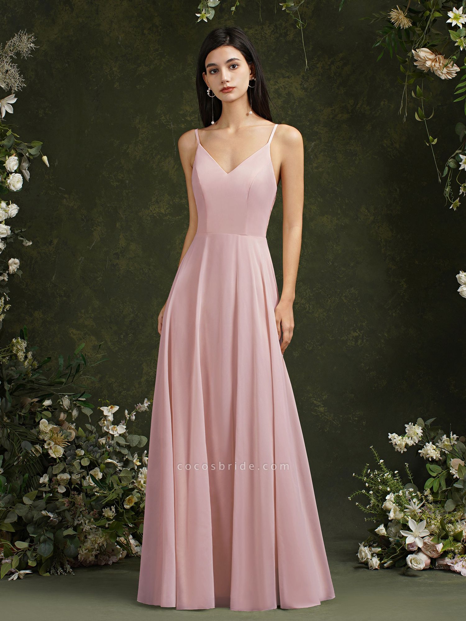 Elegant Long A-line V-neck Floral Lace Backless Bridesmaid Dresses