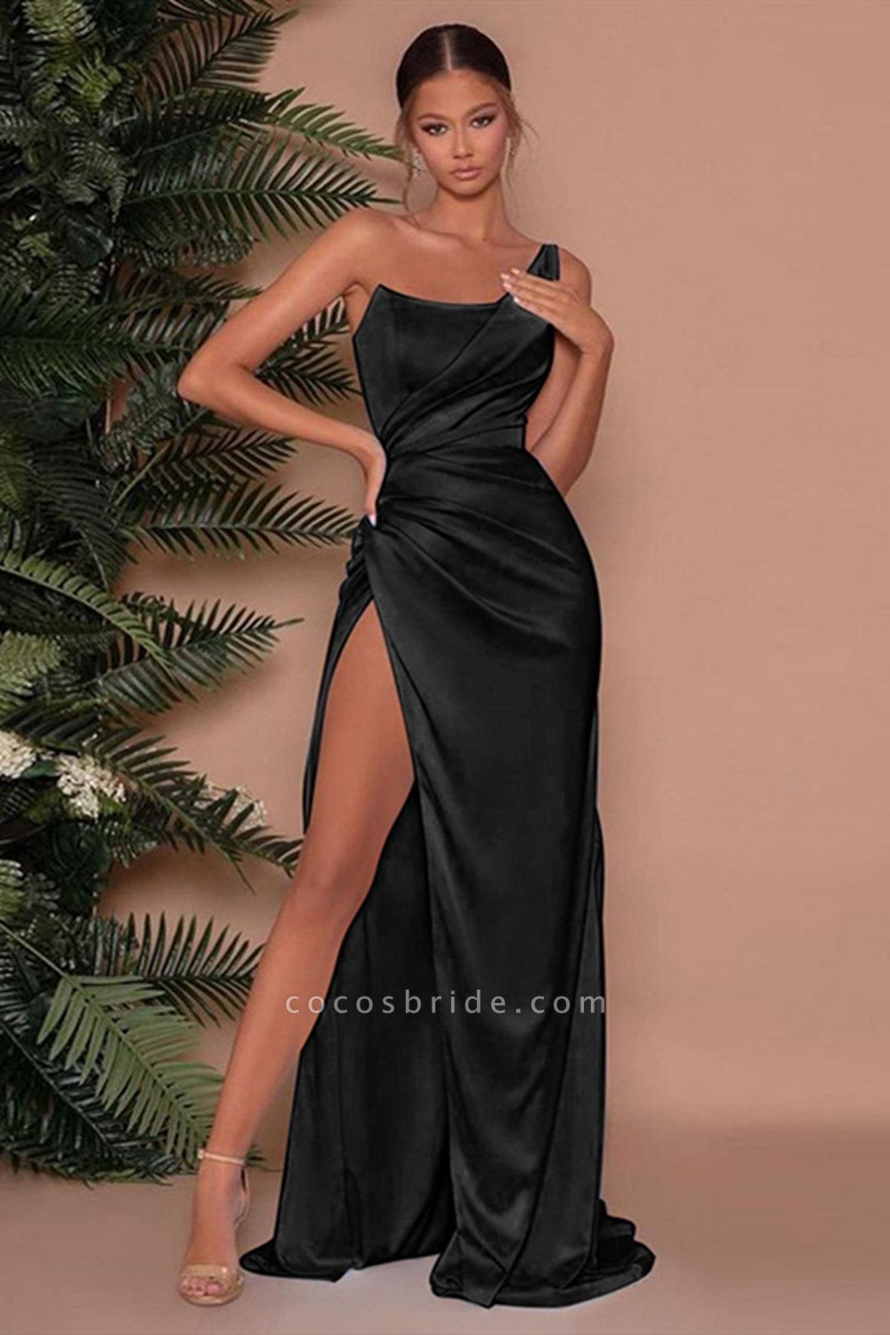 Elegant Long Mermaid One Shoulder Satin Prom Dress with Slit