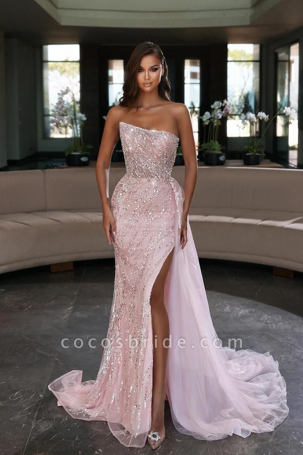 Sparkly Long Mermaid Strapless Tulle Sequins Prom Dress with Slit
