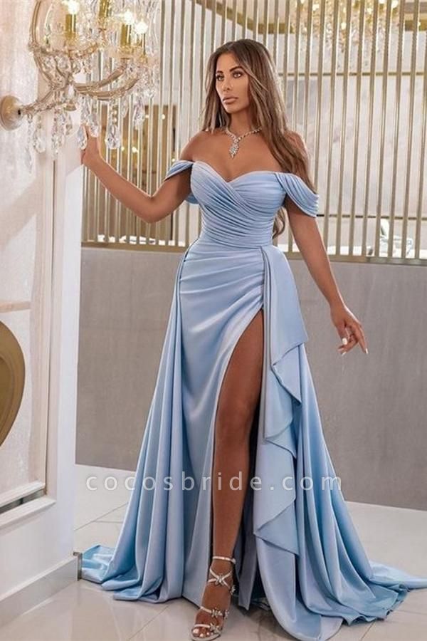 Long Mermaid Off the Shoulder Ruched Satin Formal Prom Dress with Slit