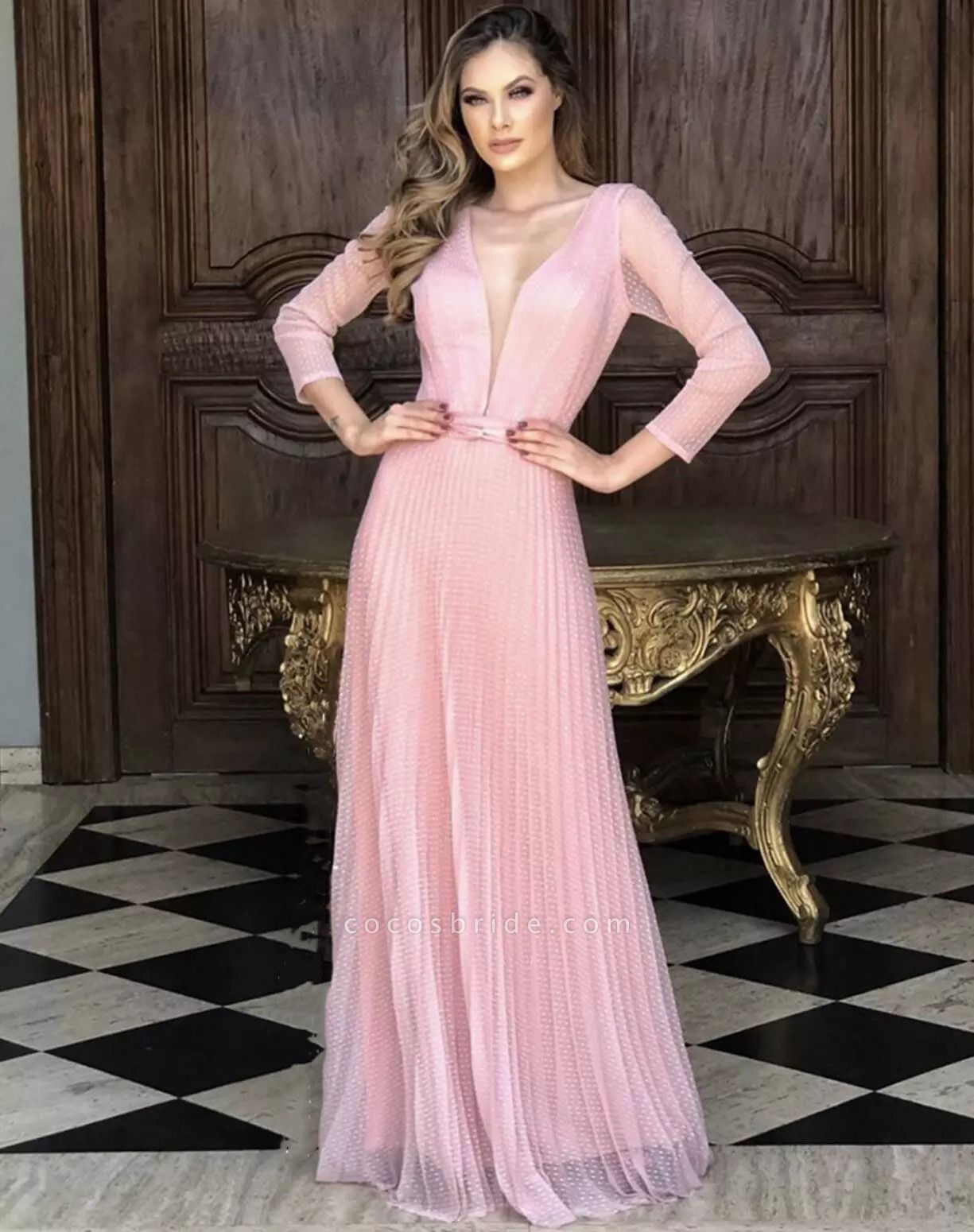 Elegant Long A line V neck Formal Evening Dresses with Sleeves