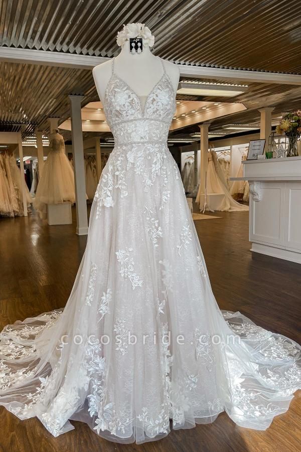Modern Long A-line V-neck Spaghetti Straps Backless Wedding Dress with Appliques Lace