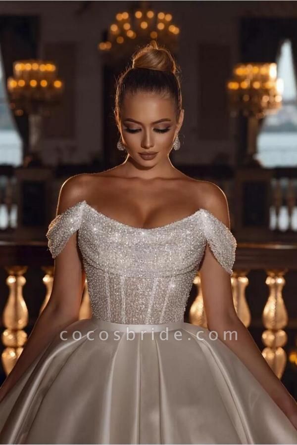Luxurious Long Ball Gown Off The Shoulder Sparkly Sequins Satin Wedding ...