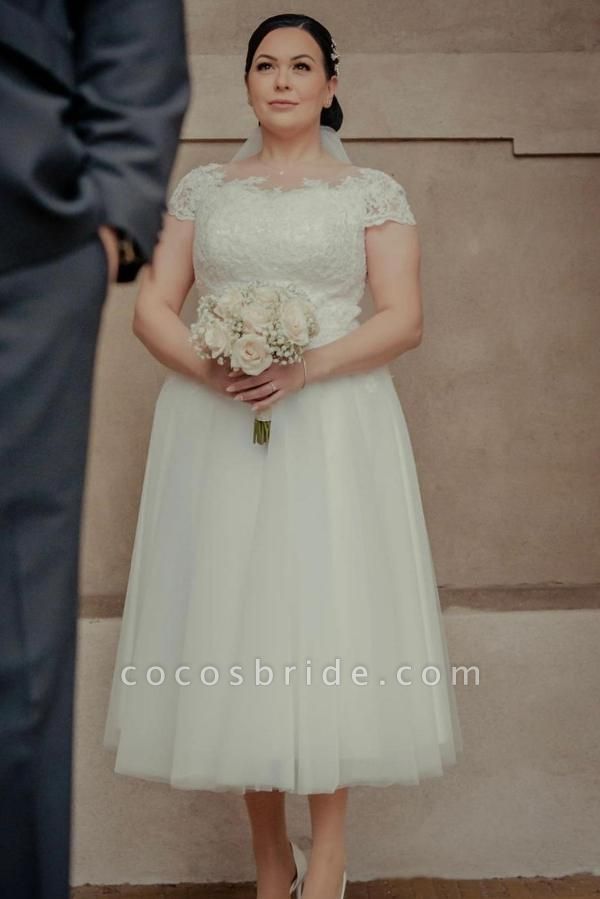 Modest Short A-line Scoop Tulle Lace Wedding Dress with Cap Sleeves