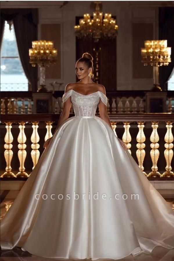 Luxurious Long Ball Gown Off The Shoulder Sparkly Sequins Satin Wedding Dress