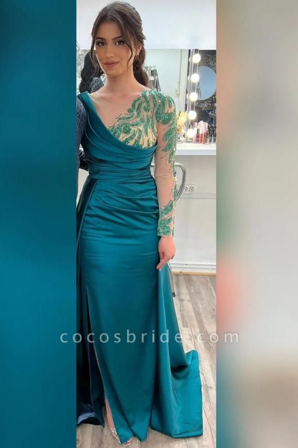 Long Sleeves Mermaid V-neck Satin Lace Prom Dress with Slit