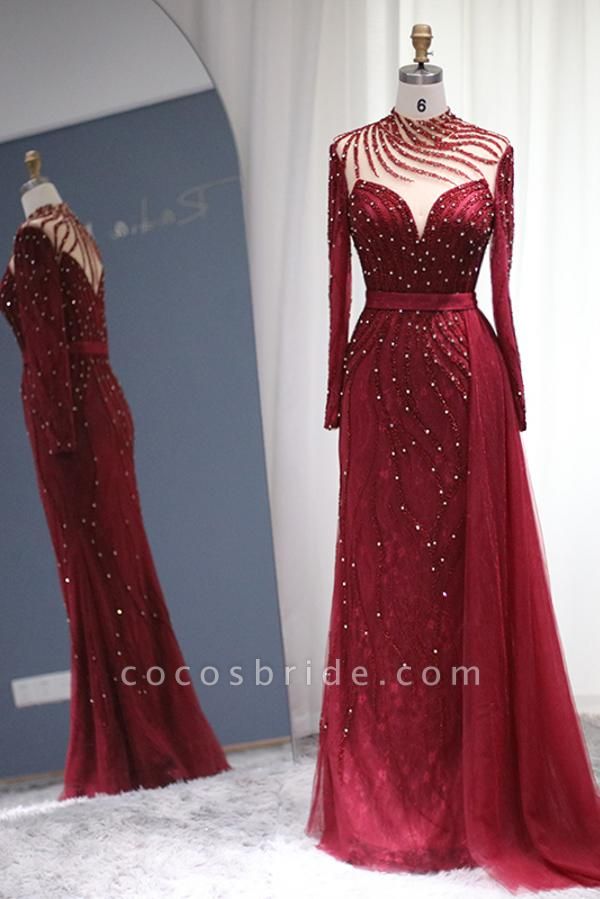 Burgundy Long Mermaid Tulle Lace Beads Formal Evening Dresses with Sleeves