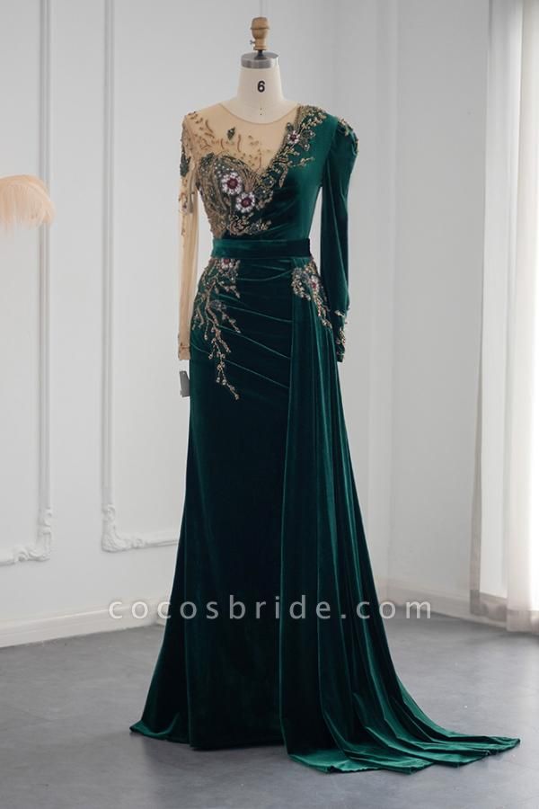 Dark Green Long Mermaid Velvet Tulle Prom Dresses with Sleeves