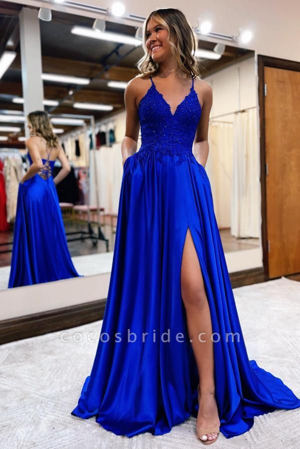 Royal Blue Long A-line V-neck Fornt Slit Backless Prom Dresses with Pockets