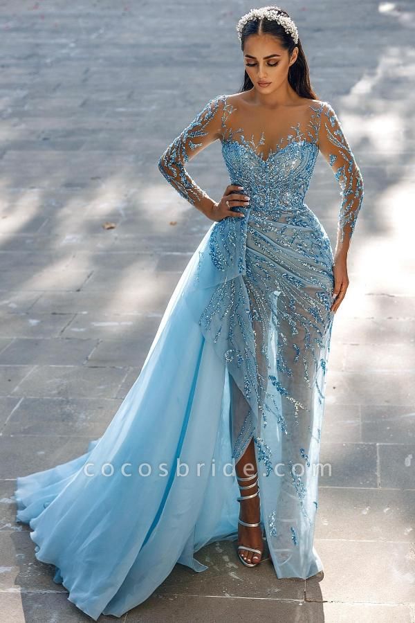 Modest Long Mermaid Sweetheart Sparkle Front Slit Prom Dress with Sleeves