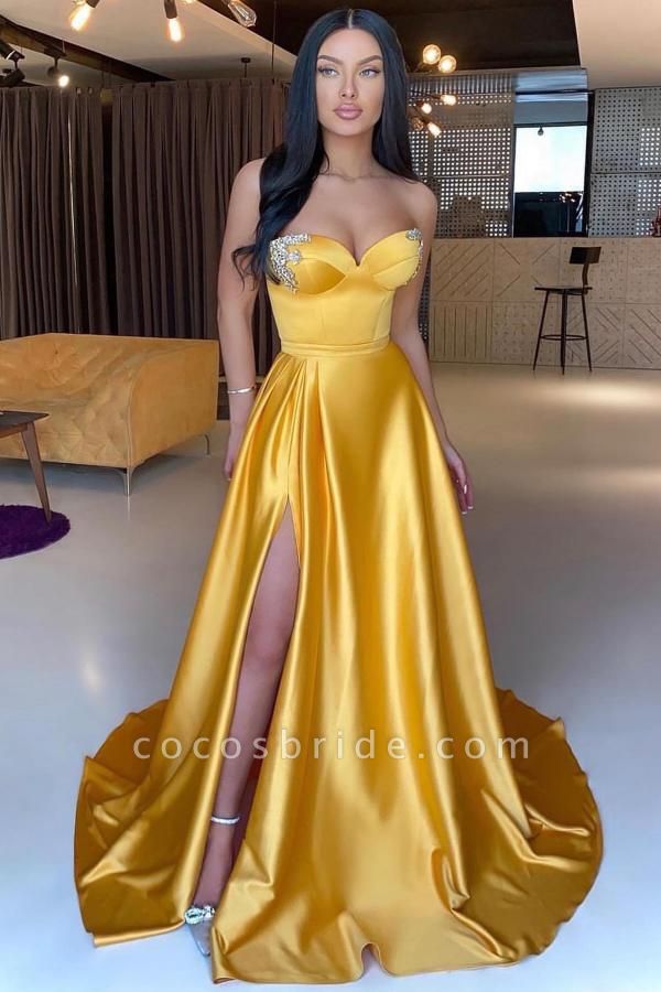 Charming Long A-line Sweetheart Satin Formal Prom Dress with Slit