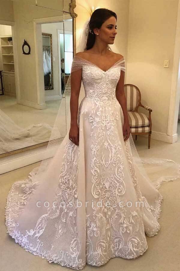 Elegant Long A-line Off the Shoulder Floral Lace Appliques Wedding Dress