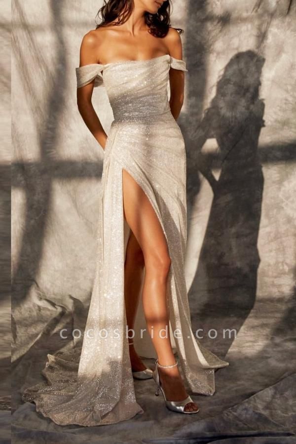 Simple Long Mermaid Off the Shoulder Sequined Wedding Dress with Slit