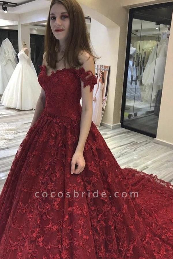 Burgundy Long A-line Off the Shoulder Lace Formal Prom Dress