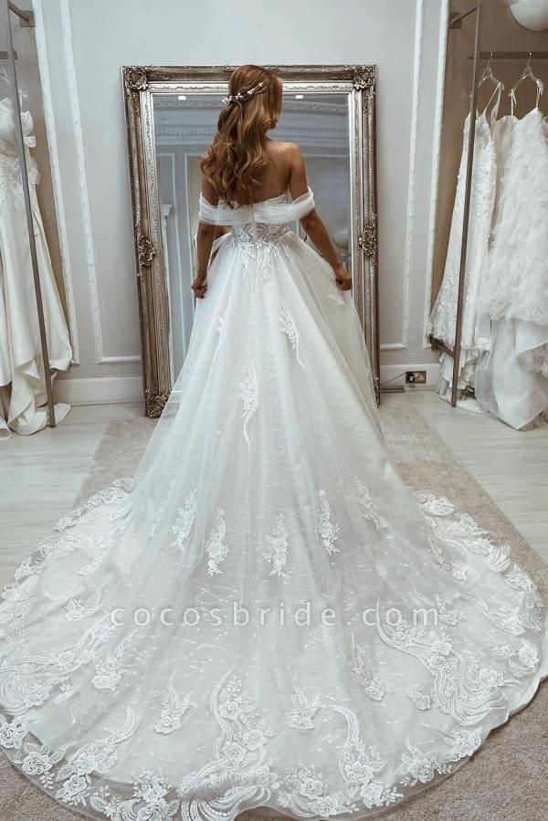 Elegantes weißes langes A-Linie schulterfreies Tüll-Spitzen-Hochzeitskleid