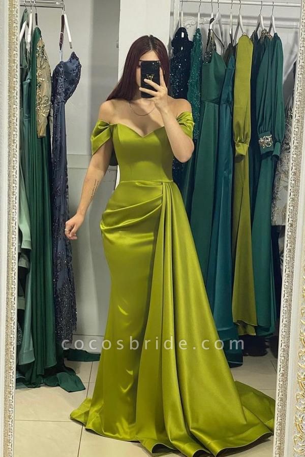 Charming Long Mermaid Off the Shoulder Satin Prom Dresses with Side Sweep Train