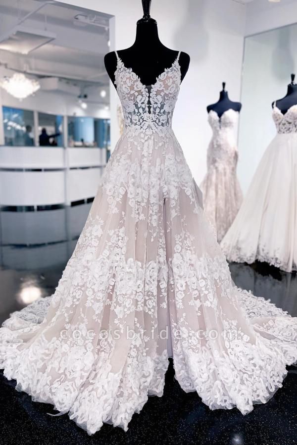 Elegant Long A-line V-neck Lace Backless Wedding Dresses