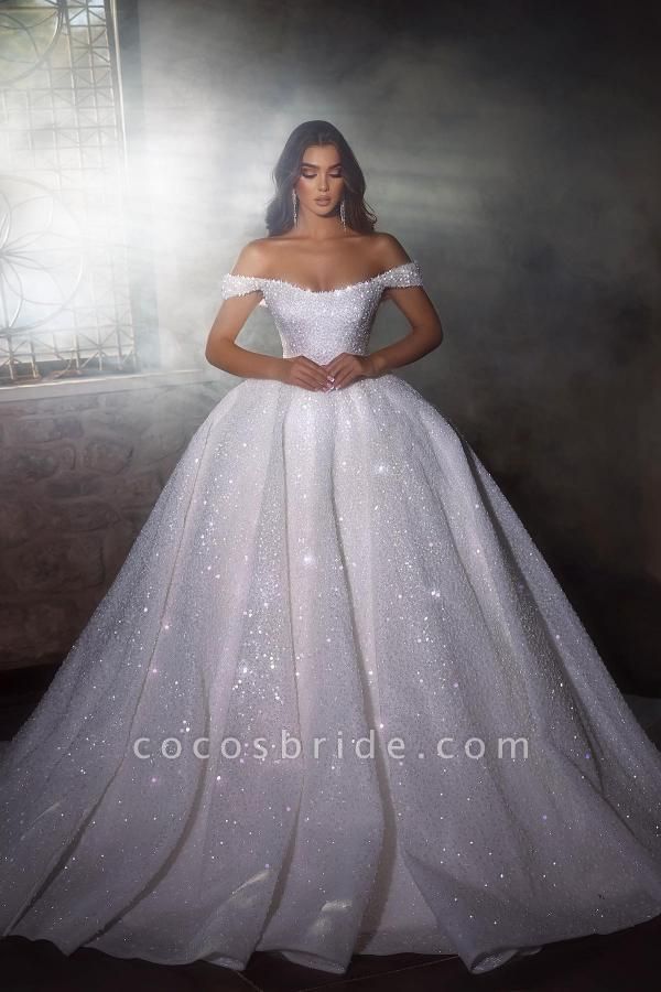 Gorgeous Long Ball Gown Glitter Off the Shoulder Sequined Wedding Dresses