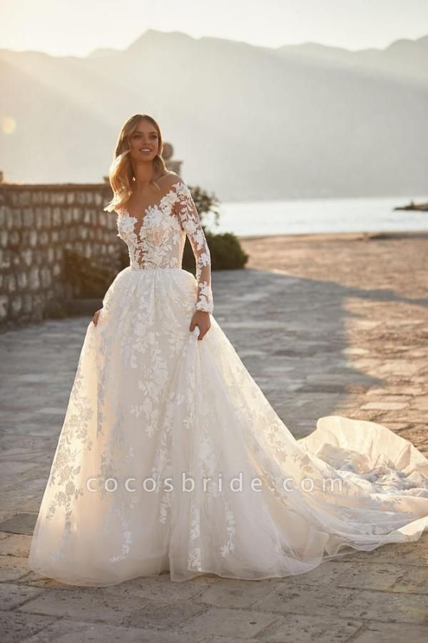 Elegant Long A-line V-neck Tulle Floral Lace Backless Wedding Dresses with Sleeves