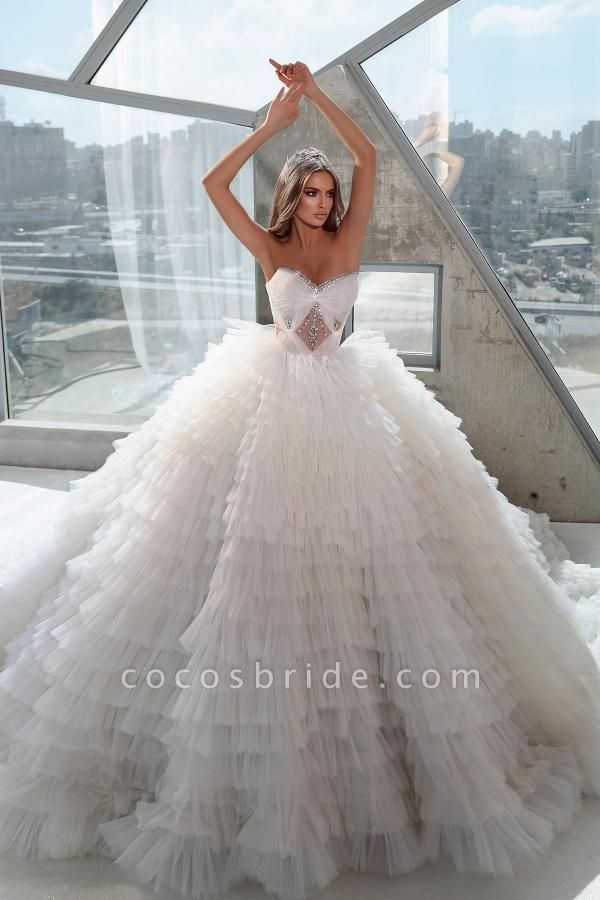 Long Ball Gown Sweetheart Strapless Tulle Crystals Layers Wedding Dresses