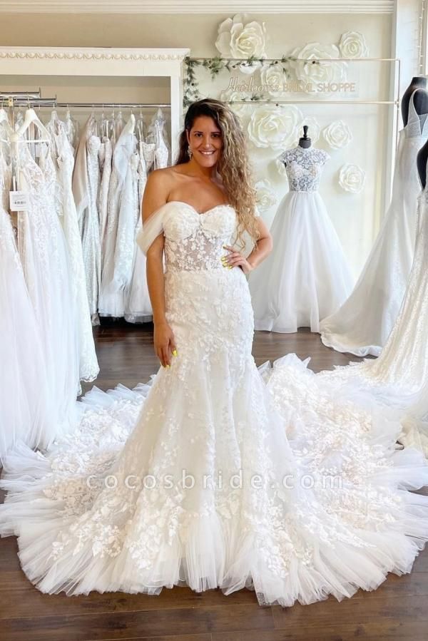 Long Mermaid Off-the-Shoulder Sweetheart Tulle Lace Wedding Dress