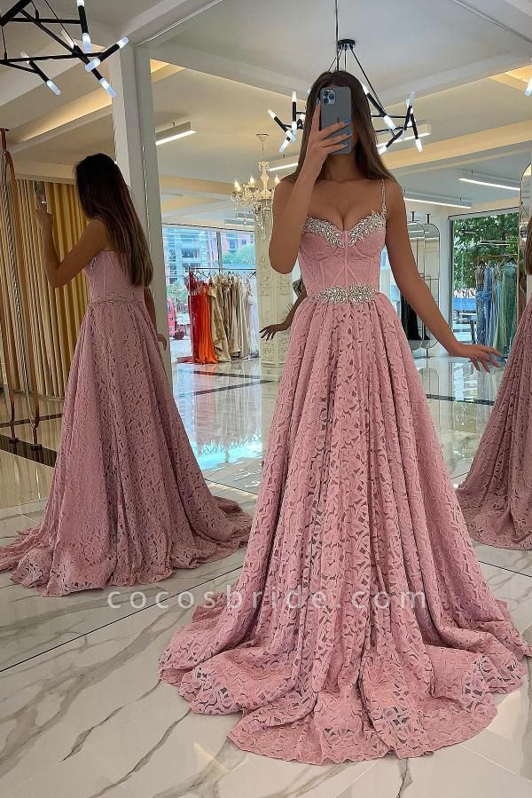 Stunning Long A-line Sweetheart Beadings Lace Prom Dresses