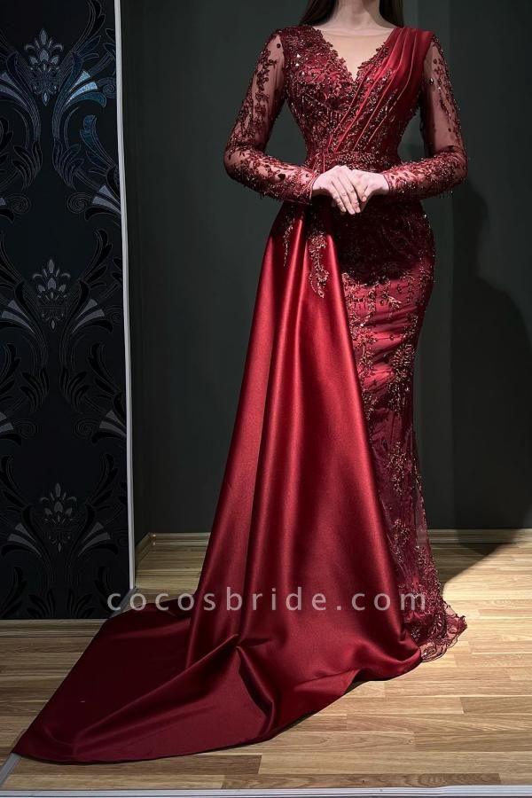 Burgundy Long Mermaid V-neck Satin Lace Formal Prom Dress with Sleeves