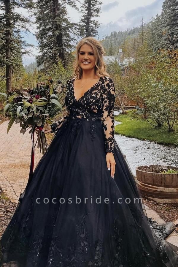 Elegant Black Long A-line V-neck Tulle Lace Wedding Dresses with Sleeves