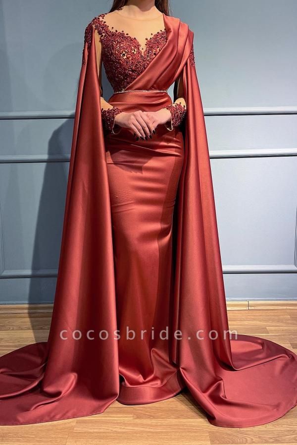 Long Sleeves Mermaid Ruched Satin Rhinestone Beads Prom Dress with Cape