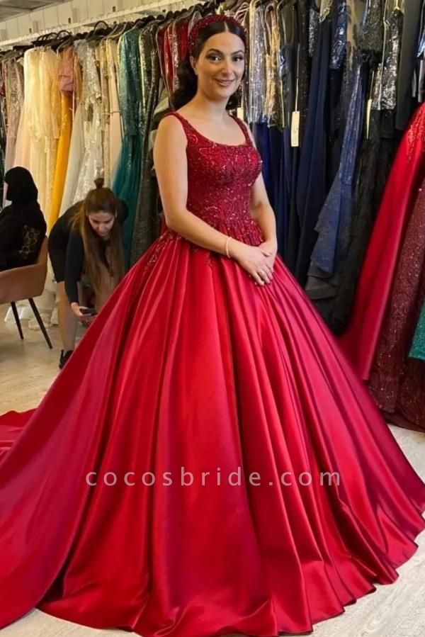 Long Ball Gown Burgundy Square Neck Lace Satin Backless Formal Prom Dresses