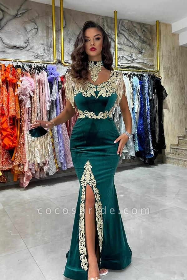 Sexy Long Mermaid Halter Front Slit Velvet Prom Dress with Gold Appliques with Tassels